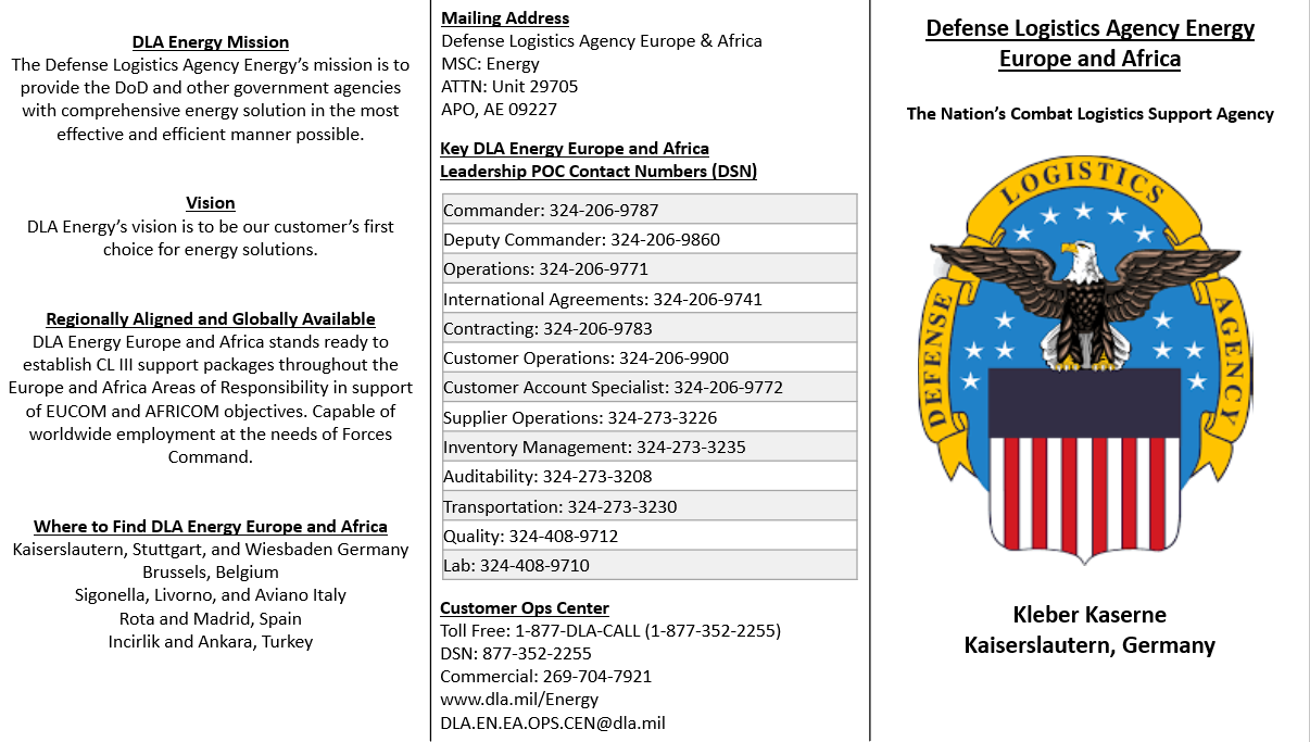 The first page of a trifold describing DLA's energy support and contacts in Europe & Africa